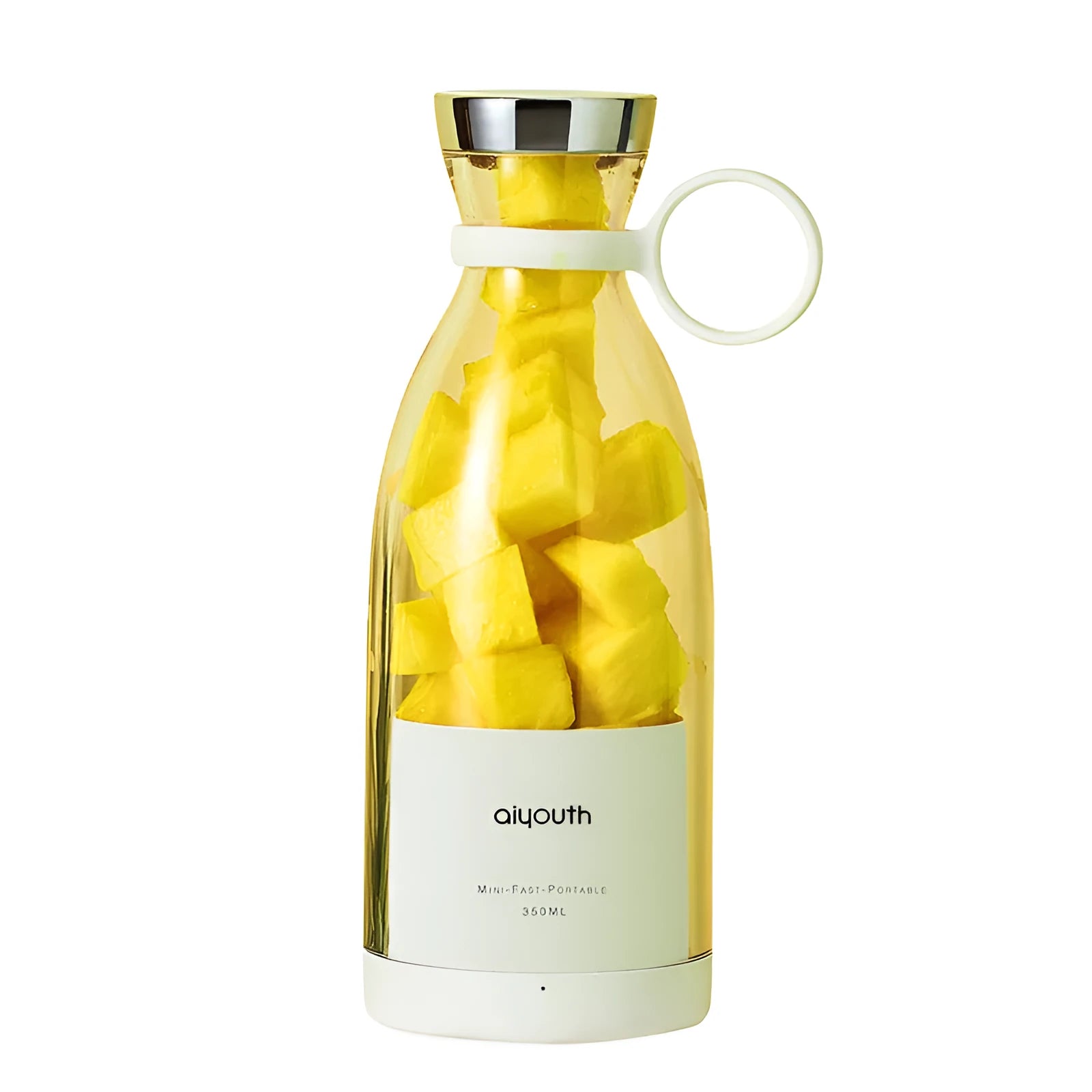 Pink and white handheld electric juicer with USB charging port