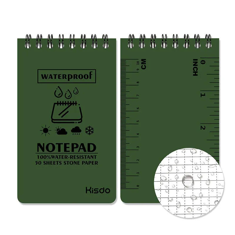 Waterproof spiral-bound notepad with stone paper pages and PP cover in camouflage colour options.