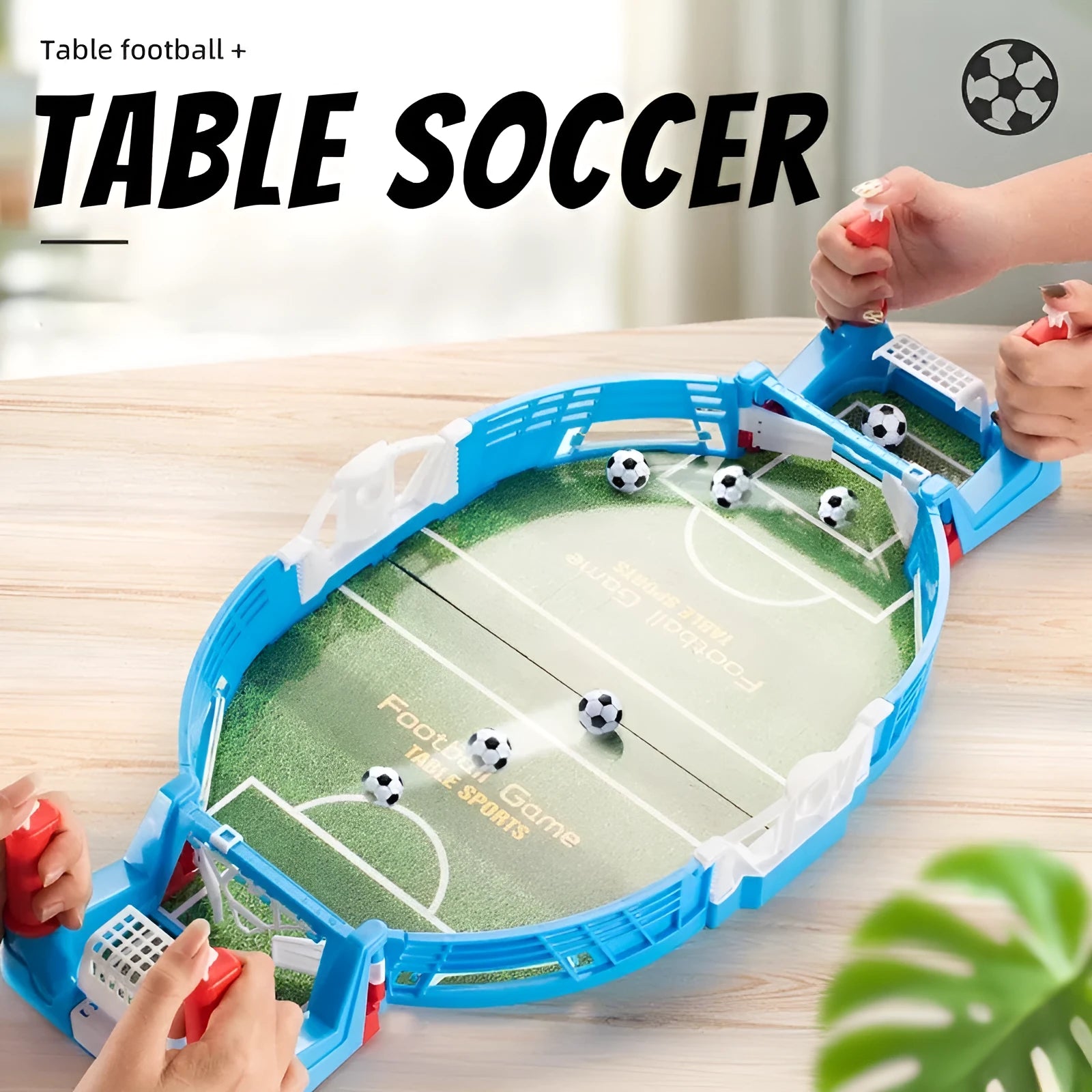 Mini football board game kit with two balls on a tabletop, made of ABS plastic