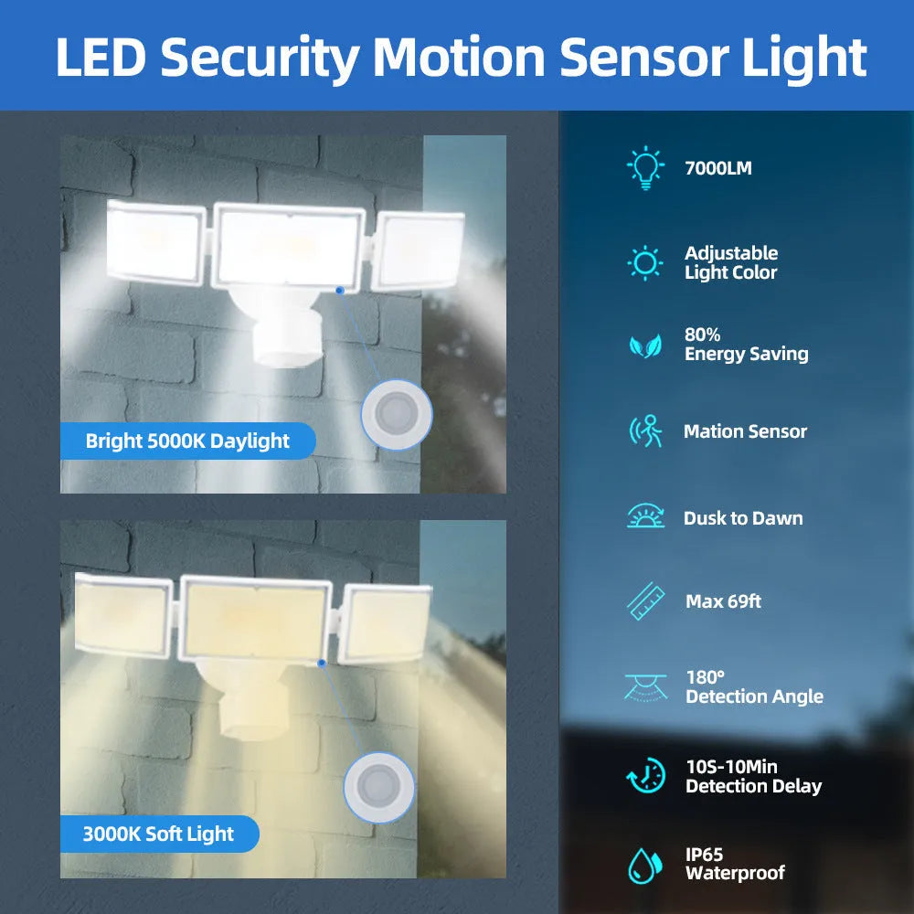 White and black LED security flood light with motion sensor for wall or ceiling mounting.