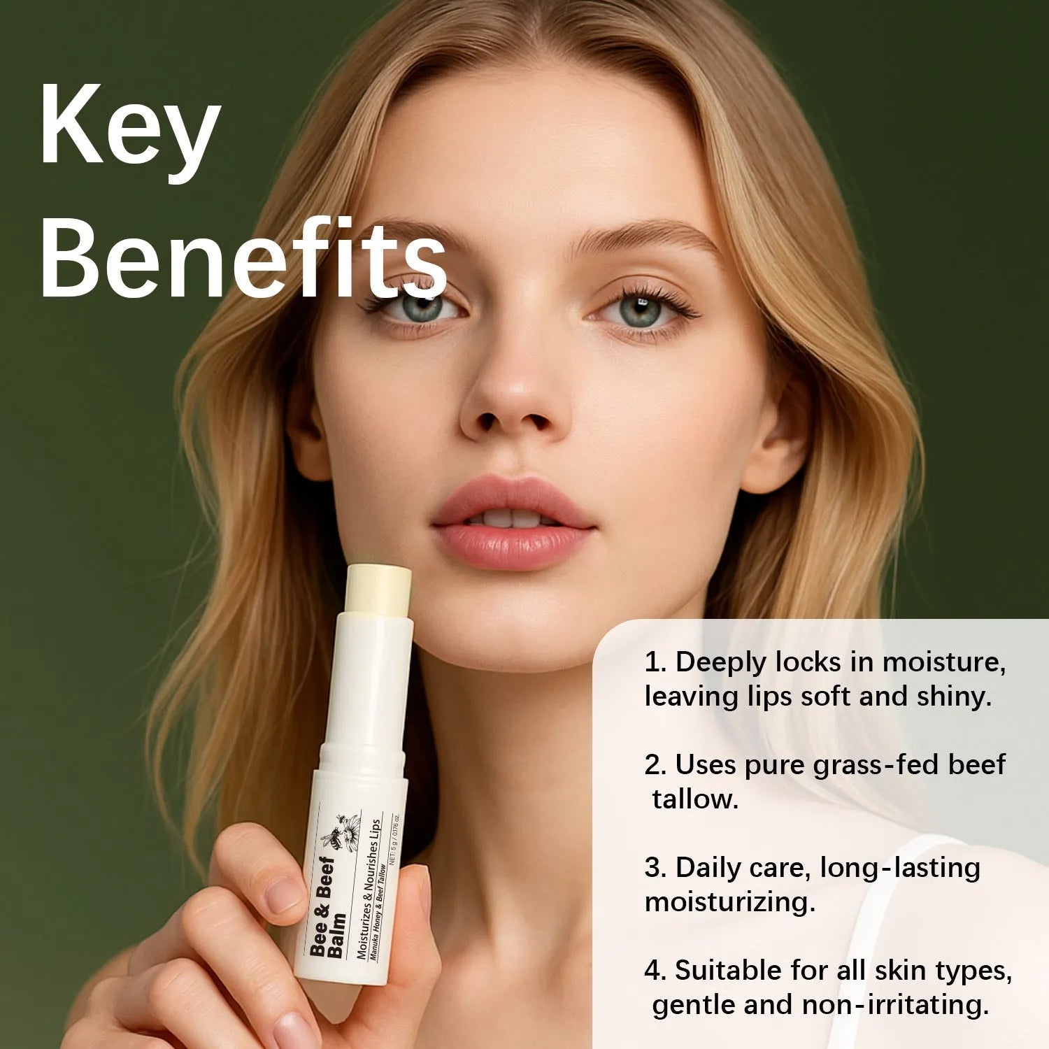 Organic grass-fed butter lip balm in 83mm tall tube with 5g content