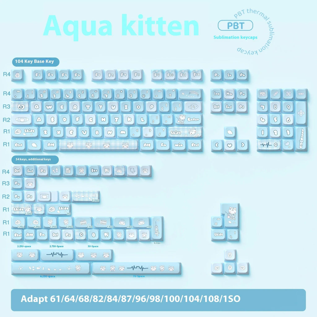 Watercolour cat design custom mechanical keyboard keycaps in a full 138 or 158 key set.