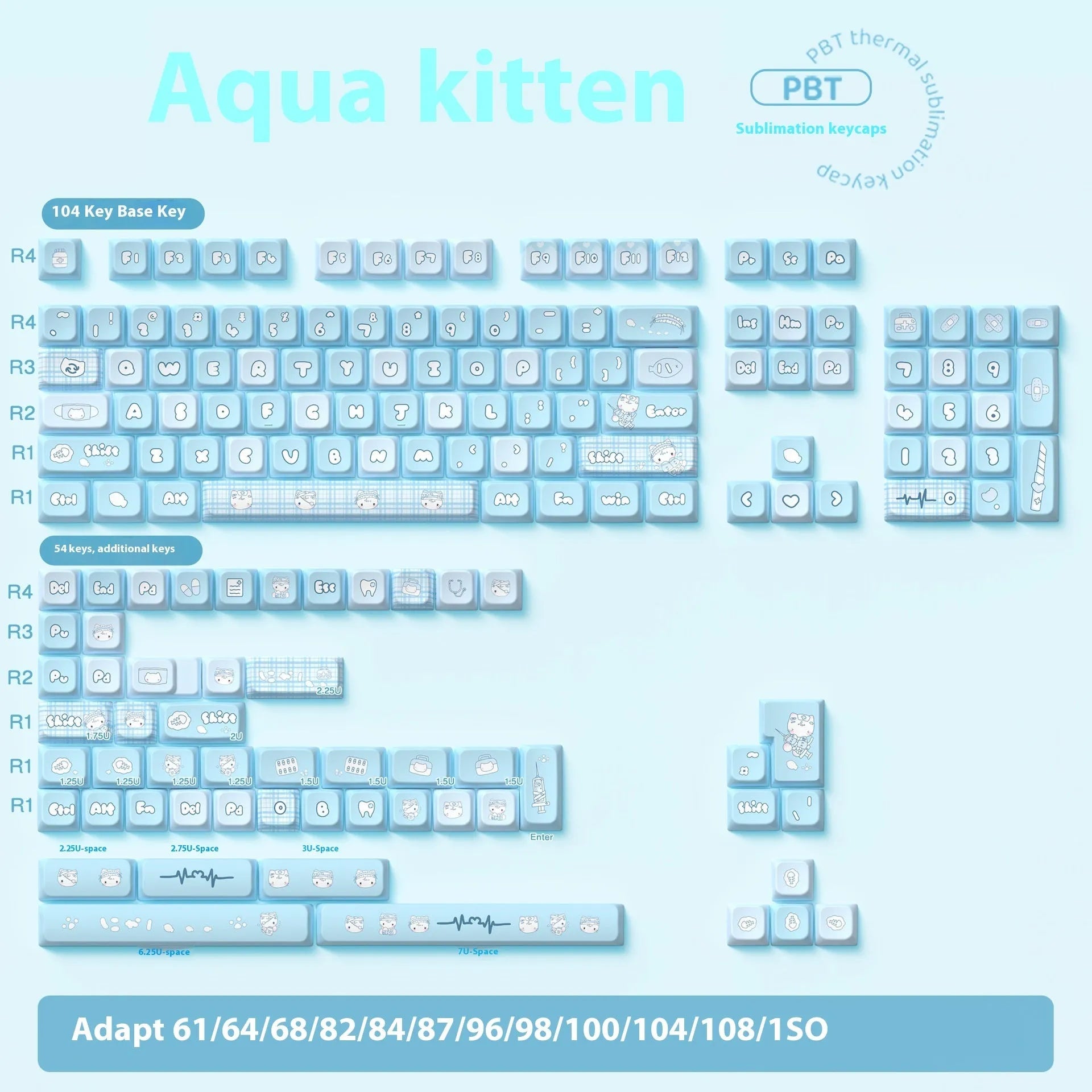 Watercolour cat design custom mechanical keyboard keycaps in a full 138 or 158 key set.