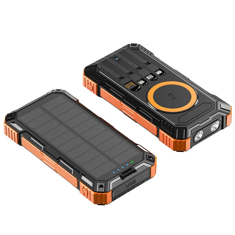 Industrial style 20000mAh power bank with solar charging unit and LED flashlight, black