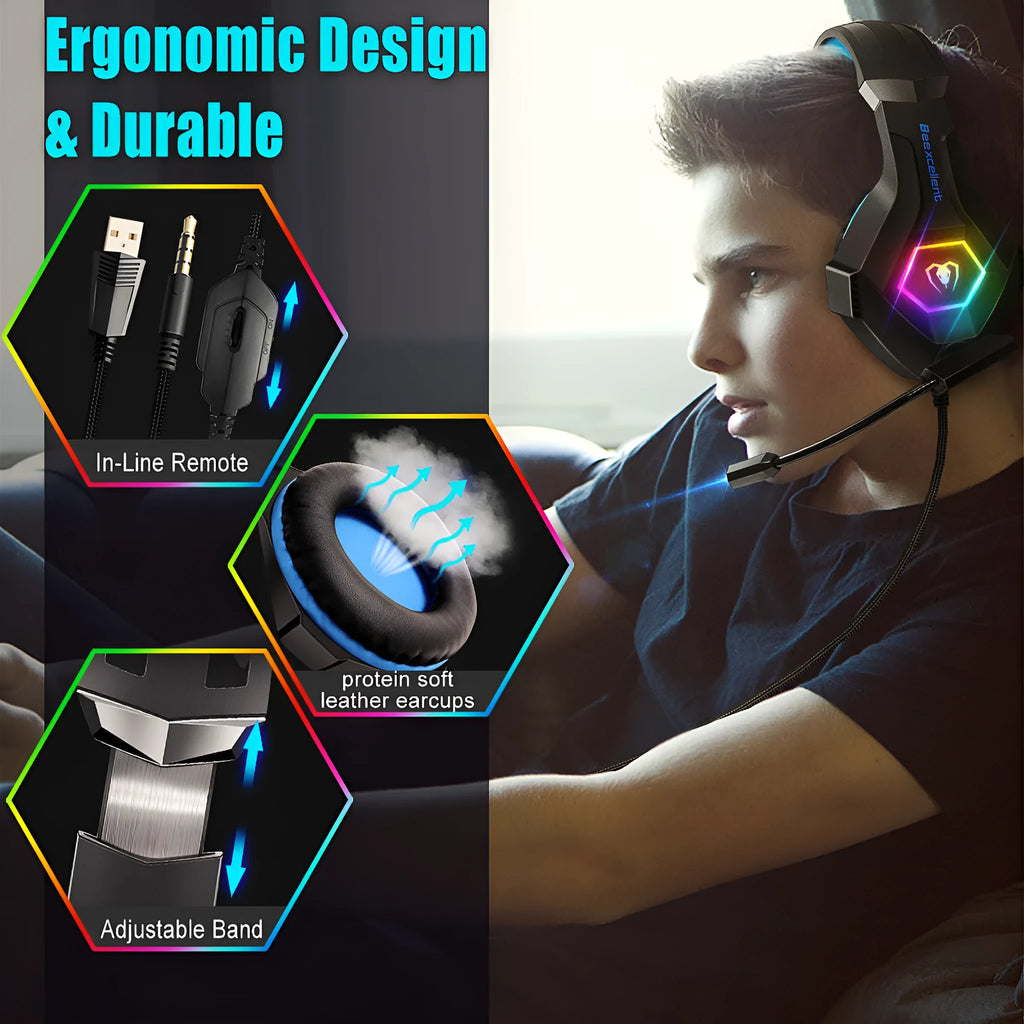 Luminous Gaming Headset with microphone, RGB lighting on ear cups, in black with blue accents.