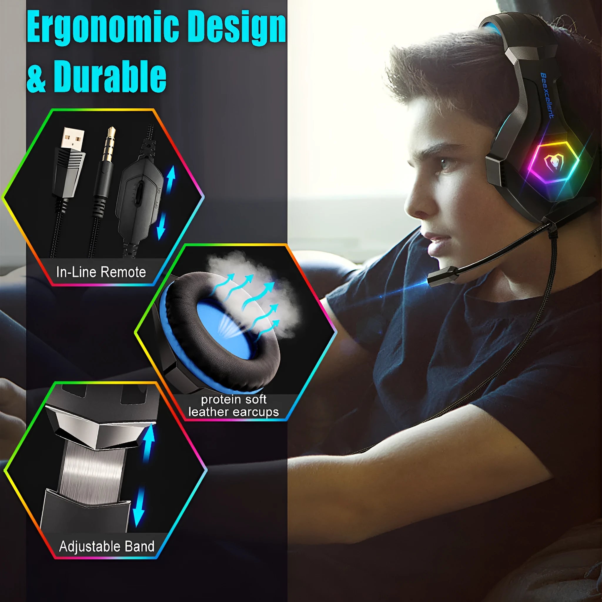 Luminous Gaming Headset with microphone, RGB lighting on ear cups, in black with blue accents.