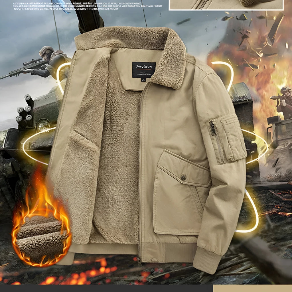 Men's winter cotton-padded fleece jacket in khaki, loose fit, sizes M to 5XL