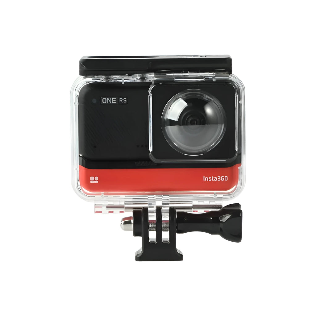Transparent waterproof case for Insta360 One RS panoramic camera with dimensions 9cm x 8cm x 4.5cm