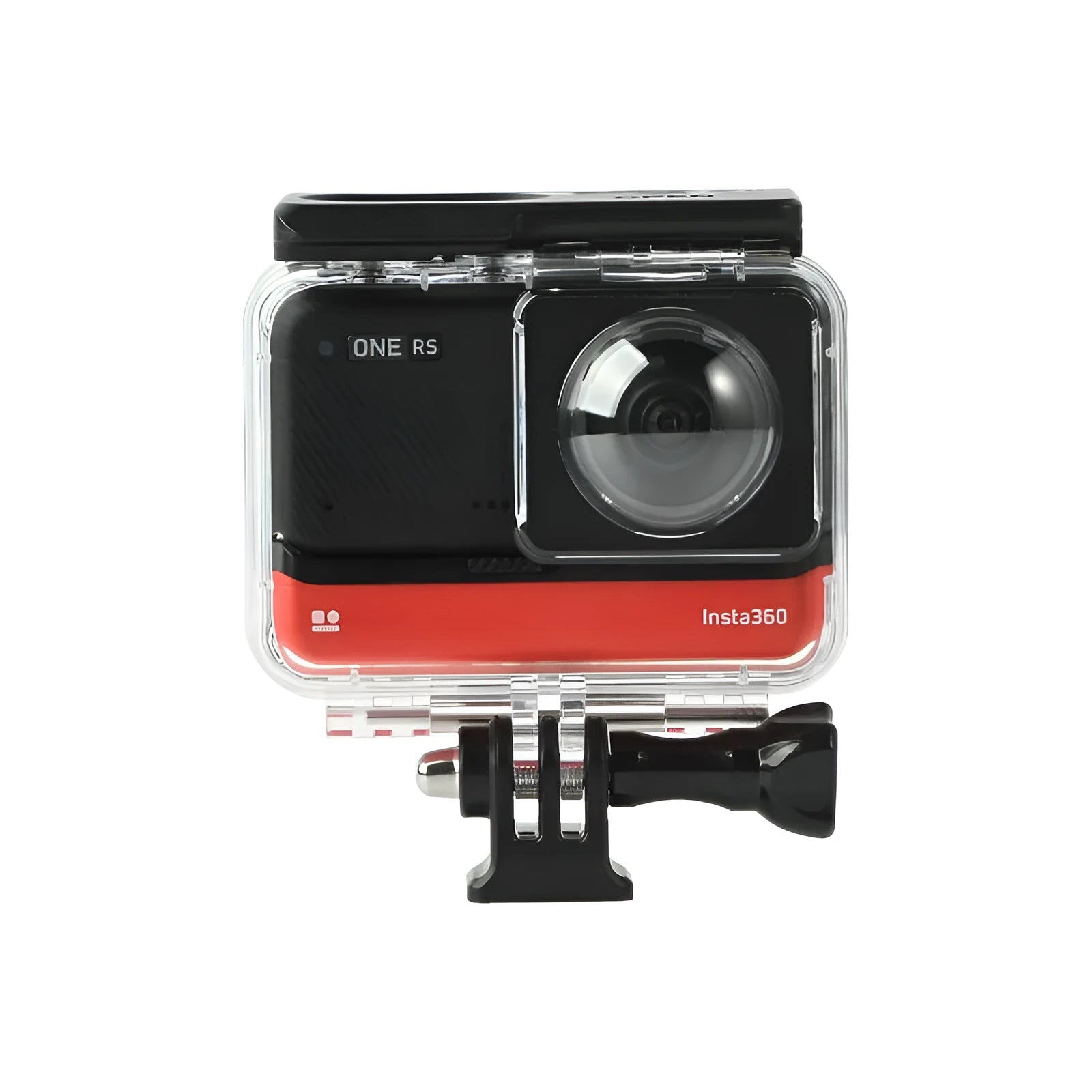 Transparent waterproof case for Insta360 One RS panoramic camera with dimensions 9cm x 8cm x 4.5cm