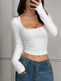 Women's U-neck rib knitted long sleeve top in solid colour, slim fit, polyester, available in white apricot dark red khaki