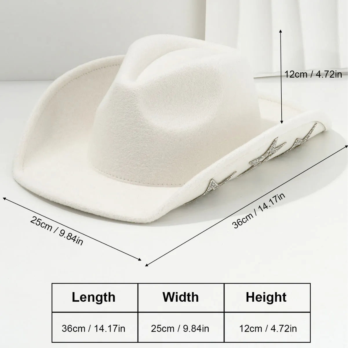 A beige polyester western denim top hat with a conical crown and a woven hexagonal star design on the front.