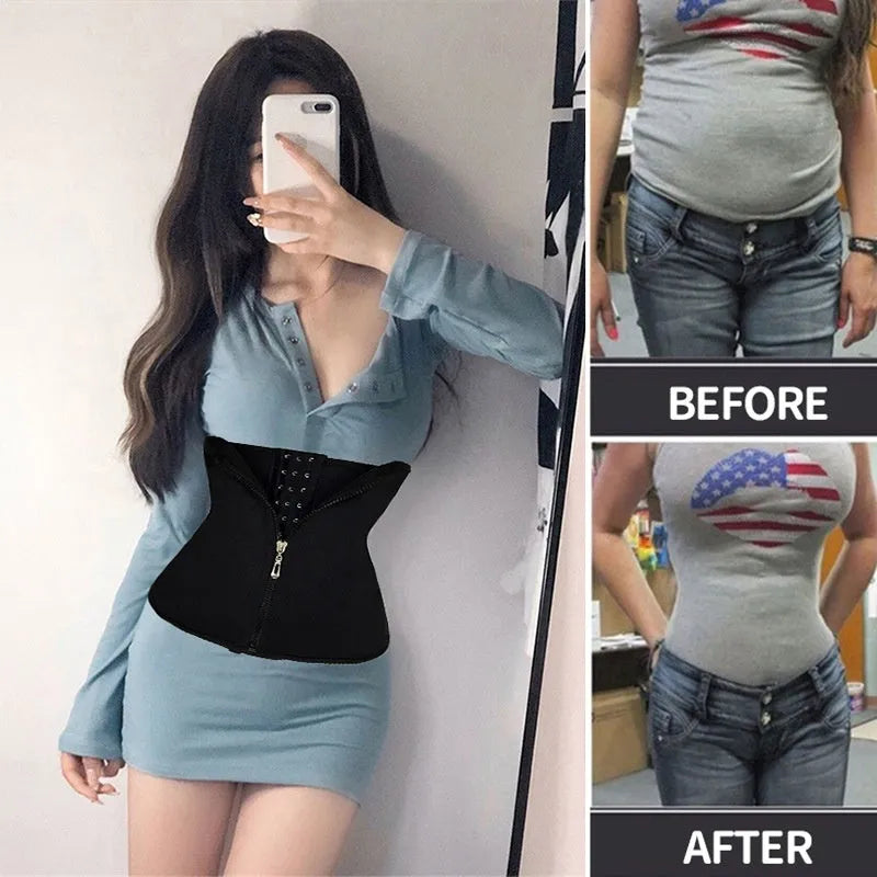 A black neoprene breasted belly band corset for women's abdominal shaping and support.