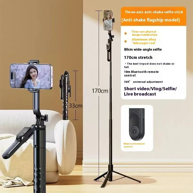 Bluetooth selfie stick floor stand with aluminium tube, phone holder, and remote on tripod base