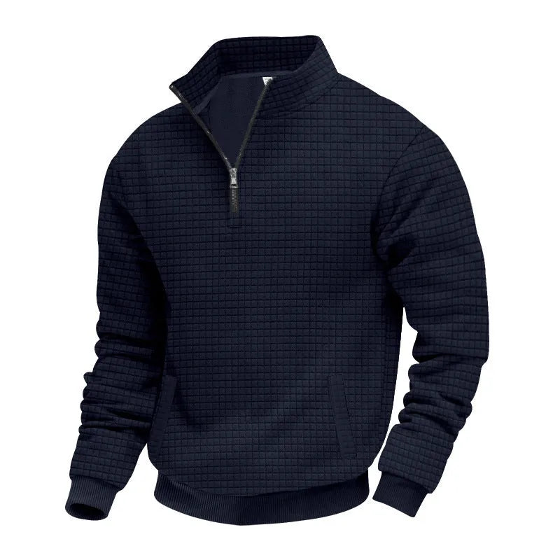 Men's stand-up collar jacquard small check sweatshirt with long sleeves and side pockets on a model