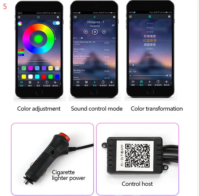 Car fibre optic ambient light kit with RGB APP control, music rhythm mode, DC12V 9W, for door and footwell
