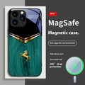 Magnetic glass phone case with metal frame for Apple iPhone in black, showing back panel with camera cutout