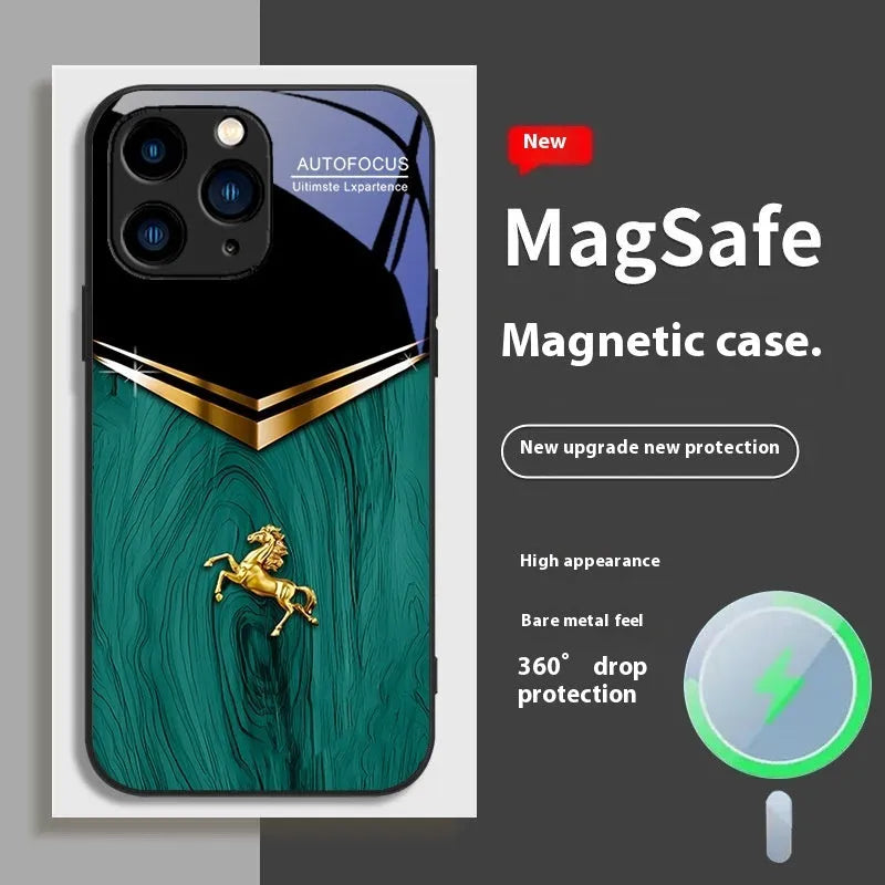 Magnetic glass phone case with metal frame for Apple iPhone in black, showing back panel with camera cutout