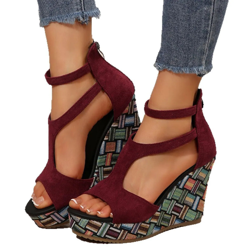 Women's cream white thick-soled ankle-strap buckle sandals with cloth upper on a plain background