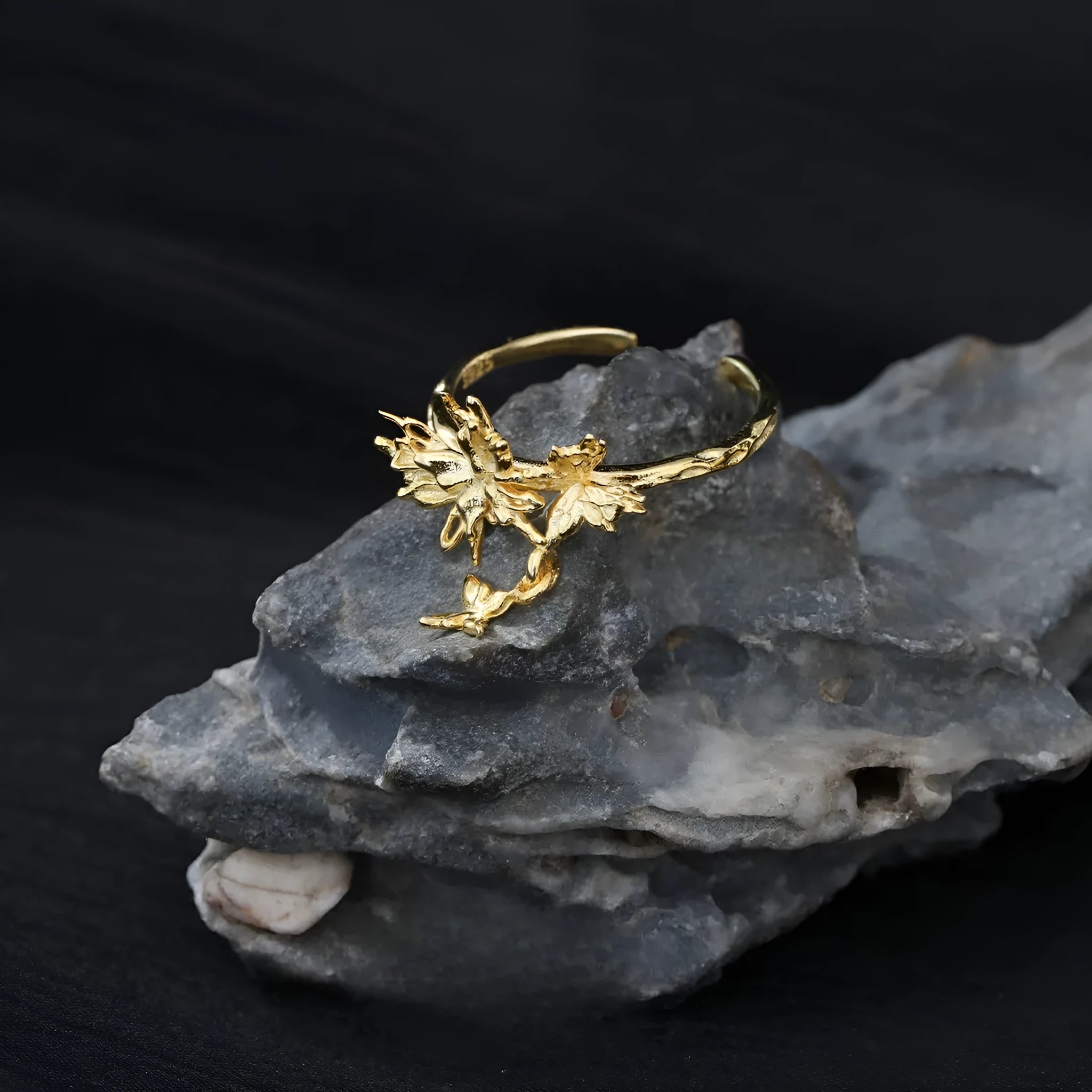 Silver butterfly ring with adjustable opening in electroplated white gold or 18K gold finish