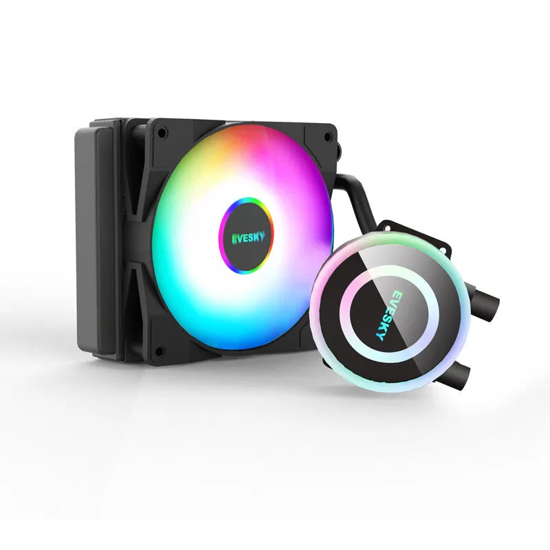 CPU radiator with RGB fans mounted on an aluminium heatsink for PC cooling