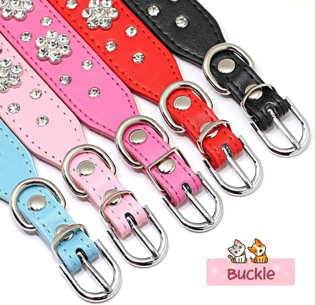 Rhinestone flower studded dog collar in PU leather for small medium dogs