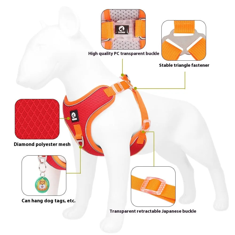 Breathable mesh dog harness with reflective piping in multiple colour options