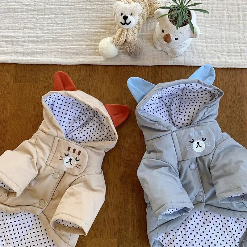 Pet coat for small puppies and cats in beige, Cloud Blue, or brown, sizes XS to XL