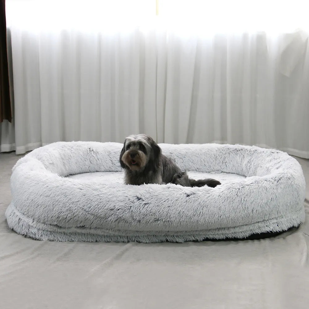 Plush round grey dog pad 160x90x30cm sponge filling winter warm pet nest