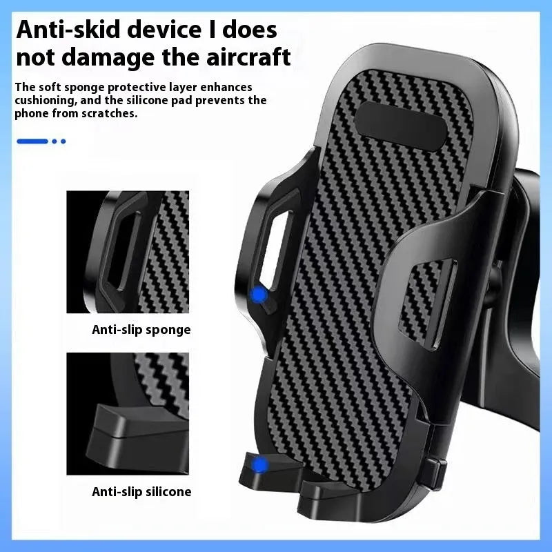 Car phone holder adhesive pad on dashboard, holding a smartphone, available in black gold silver