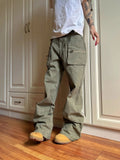 Green and black double zipper cotton casual pants with pockets in mid-waist workwear style