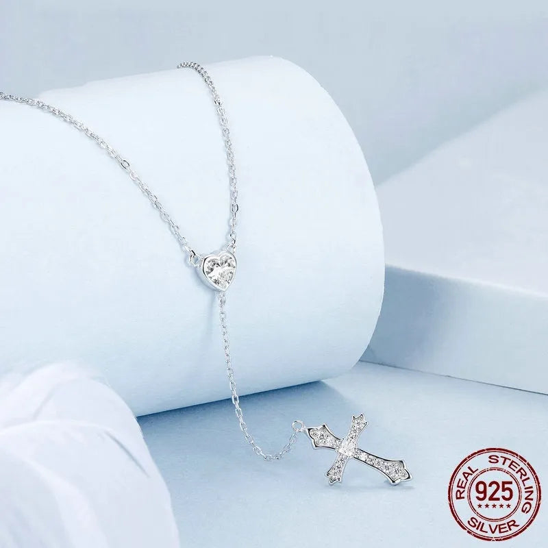 925 silver necklace with simple V-neck design and love cross pendant on O-ring chain