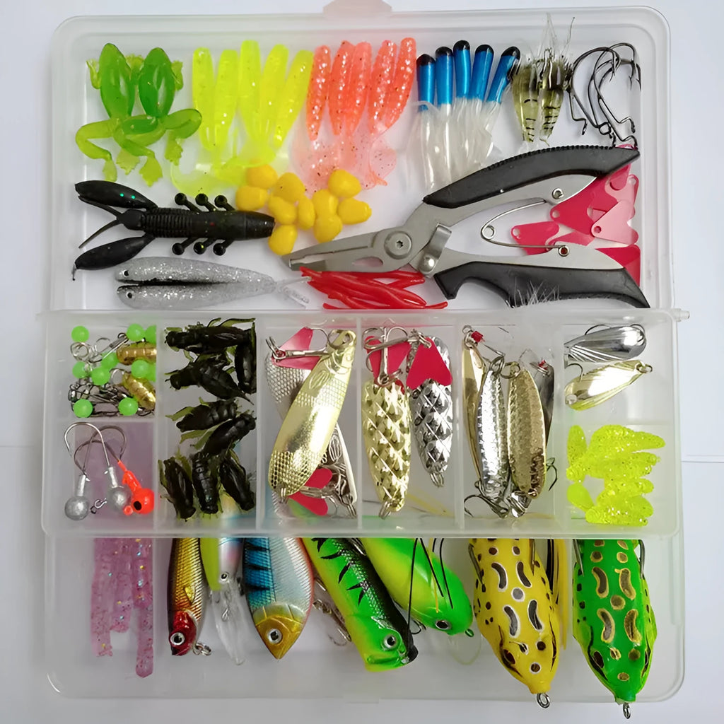 142-piece fishing lure set with hard mino lures, sequins, metal and plastic lures, fishhooks, and fishing pliers on a blue background.