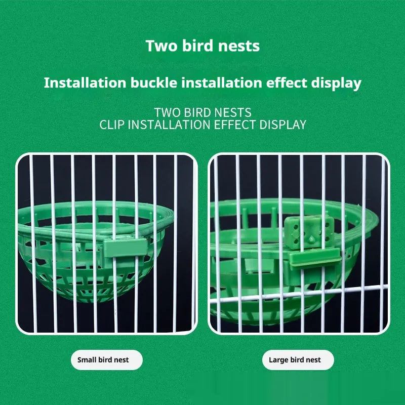 Green plastic bird nest for birds, available in Large or Trumpet, split and easy to clean
