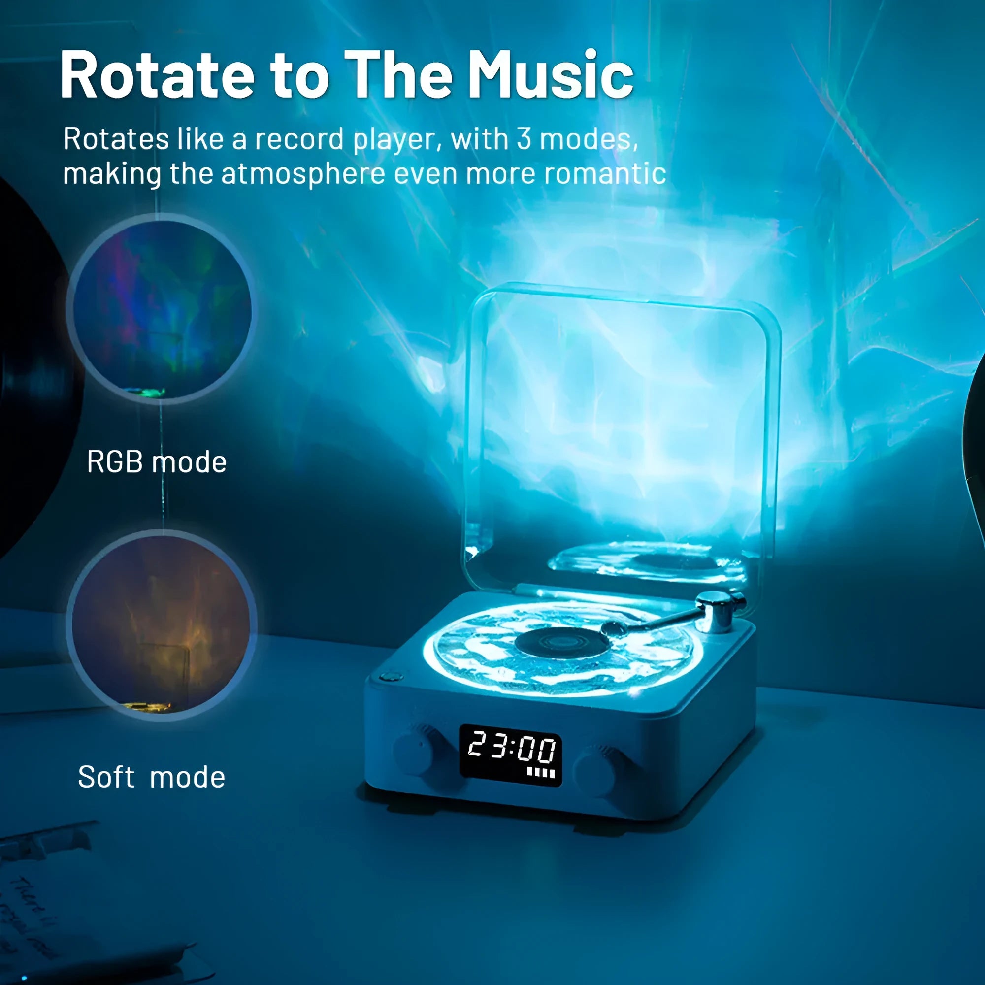 Retro Bluetooth speaker with rotating transparent turntable and RGB lighting projection