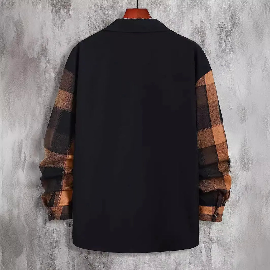 Men's cotton plaid long sleeve shirt in orange or green, loose cardigan style, sizes S to XXXXL
