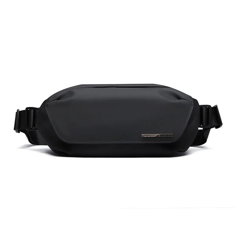 Black Oxford cloth men's messenger bag with single shoulder strap and sewing thread details