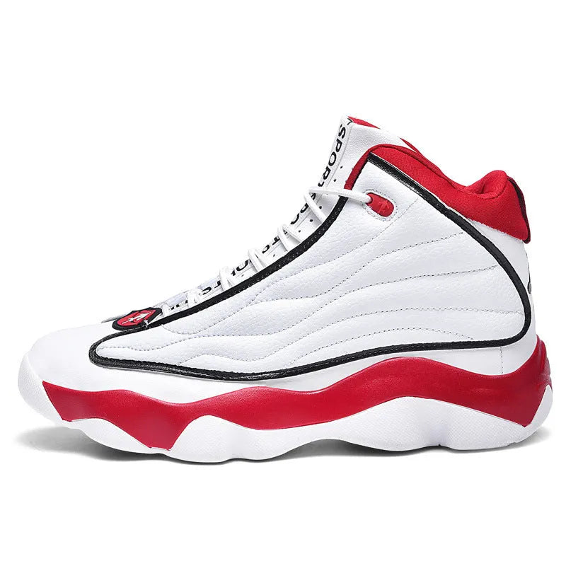 Men's high-top basketball shoes in AJ13 white red colourway with thick rubber sole and mesh upper.