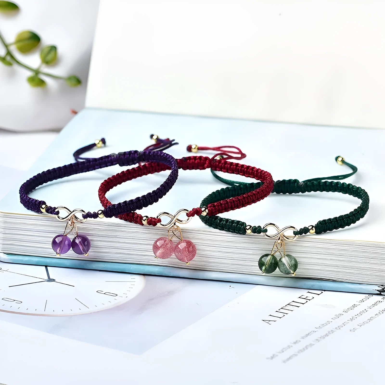 Natural strawberry quartz cherry bracelet with crystal fruit charms for women