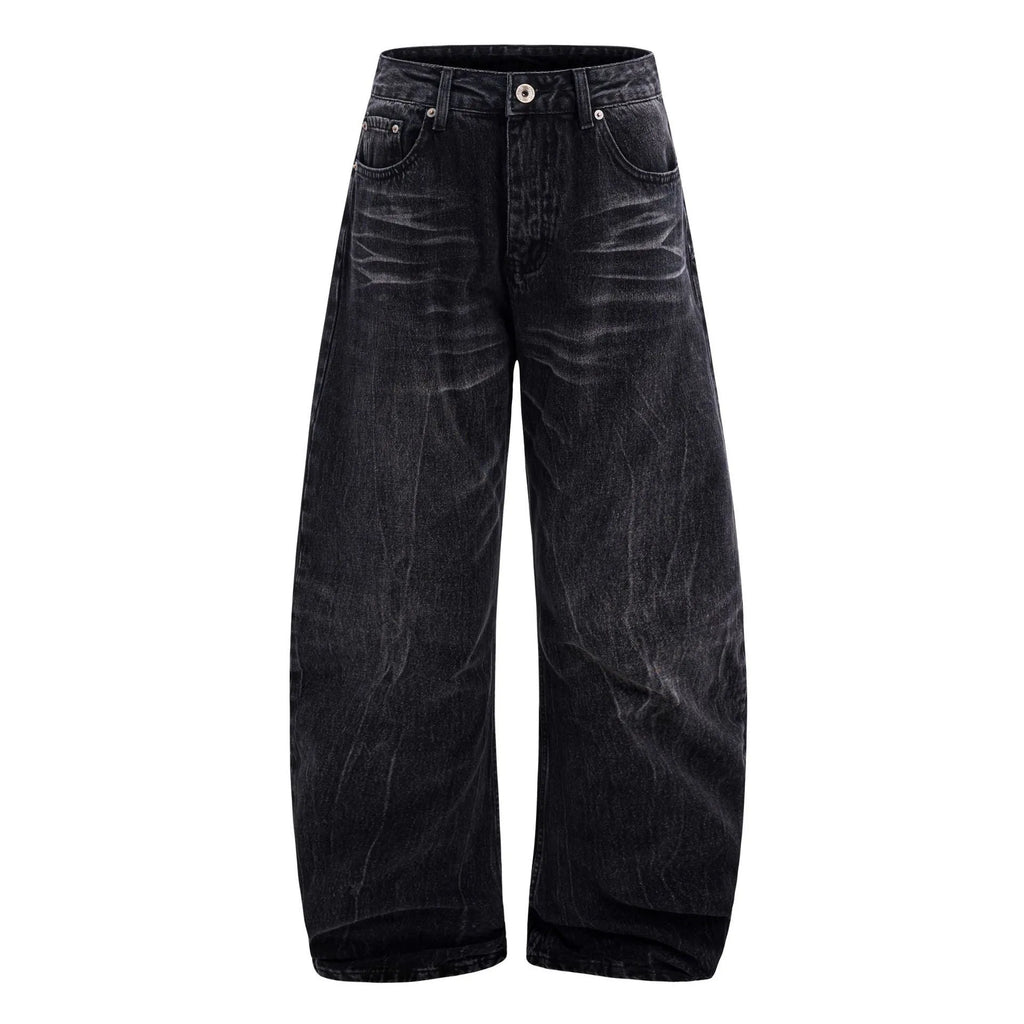 Black straight-leg jeans with lightning crack distressing pattern on knees and thighs