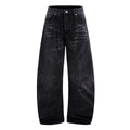 Black straight-leg jeans with lightning crack distressing pattern on knees and thighs