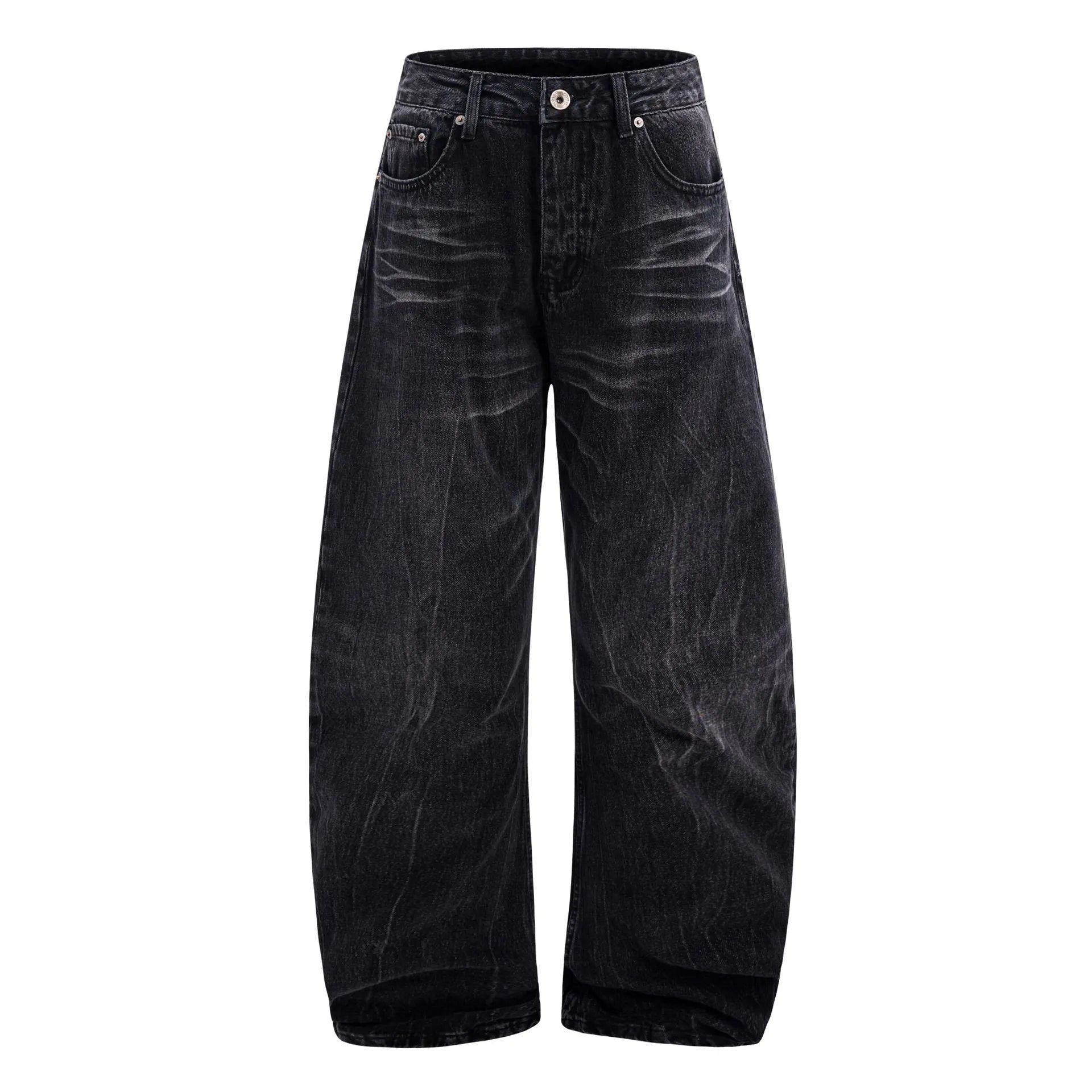 Black straight-leg jeans with lightning crack distressing pattern on knees and thighs