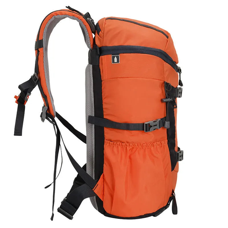 30L Oxford cloth backpack in army green with curved shoulder straps and front pocket, designed for hiking and camping outdoor sports