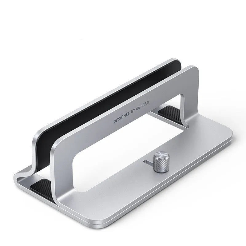 Silver aluminium alloy laptop cooling stand with adjustable width settings on a desk