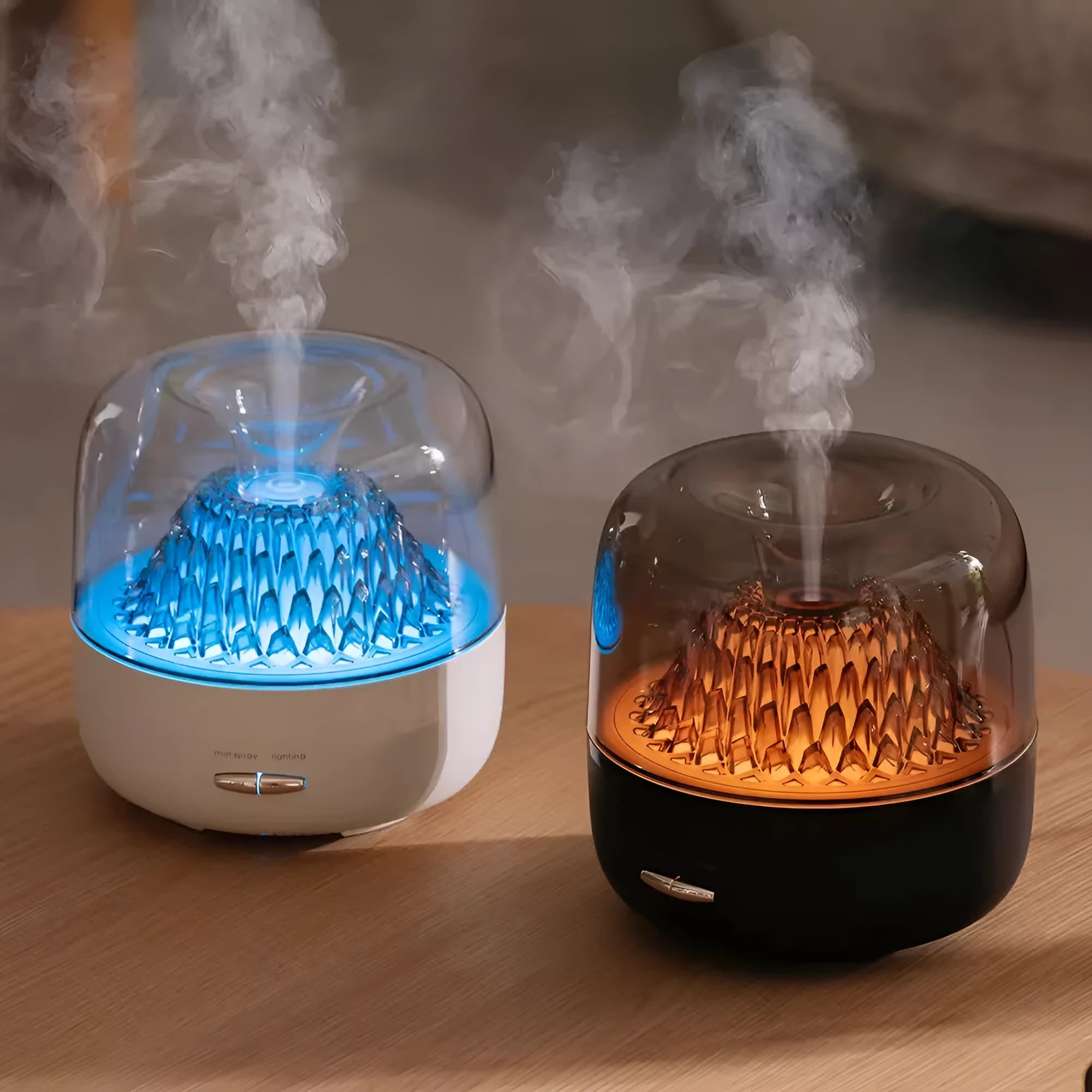 Beige resin round desktop aroma diffuser with colourful light on a wooden nightstand