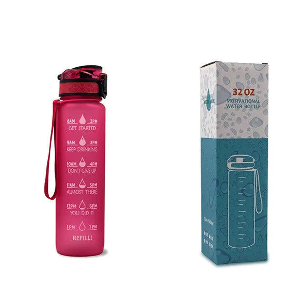 1L Tritan sports water bottle with time markers and flip-top lid in blue-red gradient colour