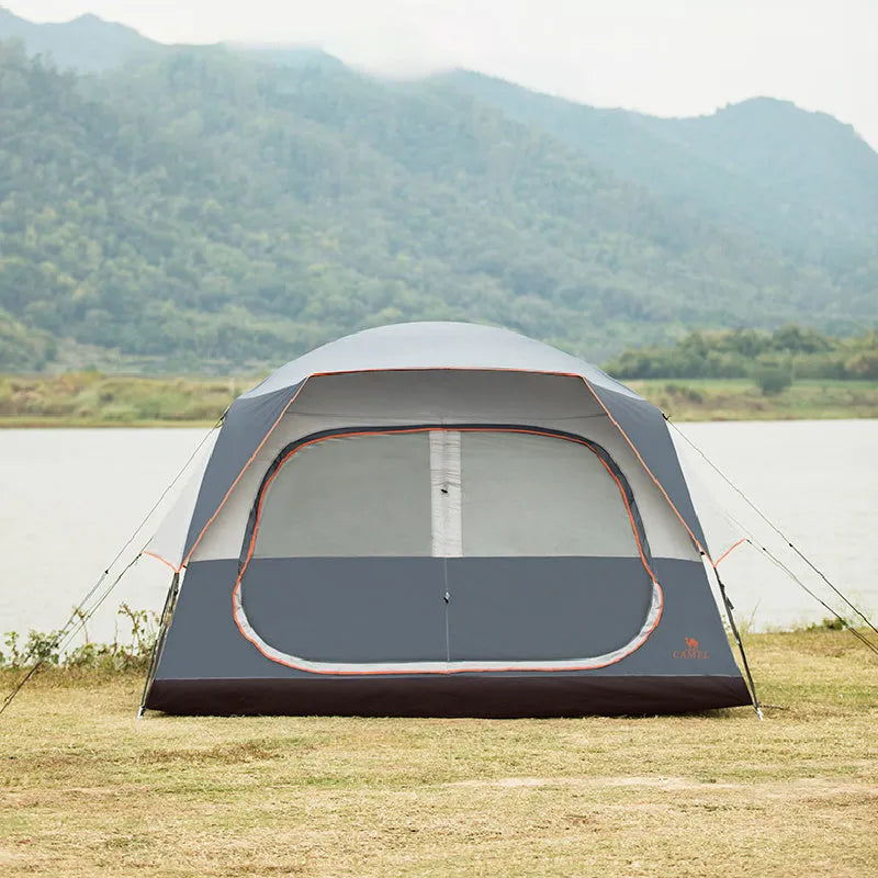 Titanium gray quick-build outdoor tent with glass poles, 305x260x185cm size, for 6-8 person camping