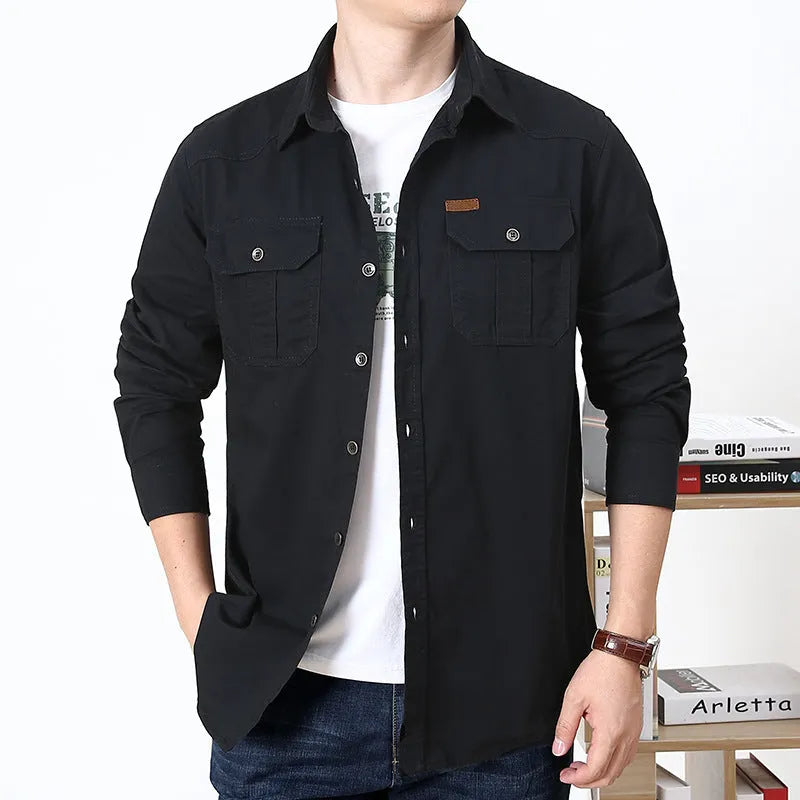 Cotton military style long sleeve loose fit shirt in army green for men spring casual