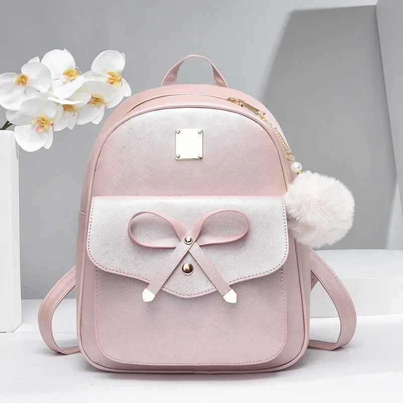 PU leather women's backpack set with bow plaid design in black, showing backpack, shoulder bag, and clutch