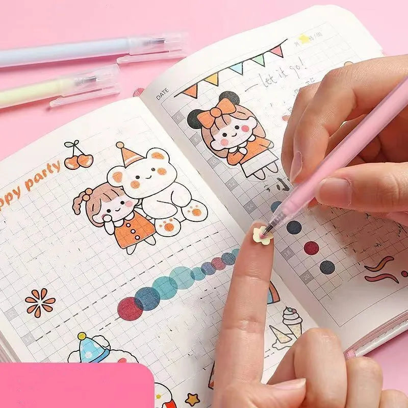 Macaroon colour dispensing pen with cap-pull mechanism in six colour options