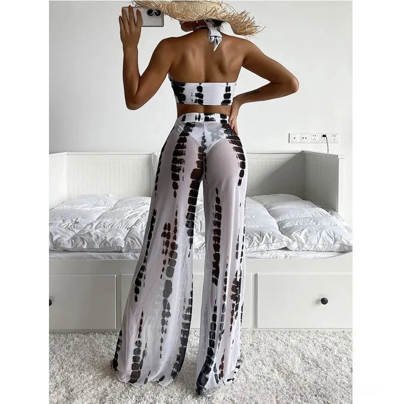 Women's three-piece swimsuit bikini set with mesh trousers in black or blue printed quick-dry fabric.